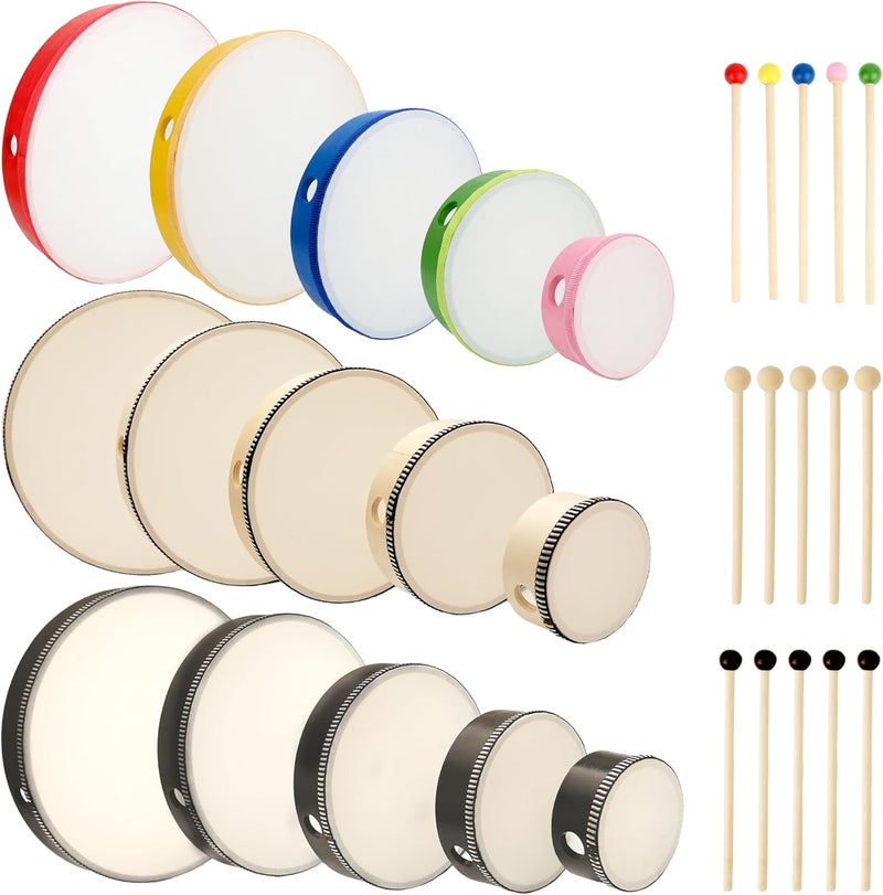 Norcoin 15 Set Hand Drums 12 Inch 10 Inch 8 Inch 6 Inch 4 Inch Wood Frame Drum Set with Drum Sticks Percussion Instruments for Kids Adults Beginners Home School Party Gifts, 5 Size 3 Colors - Image 1